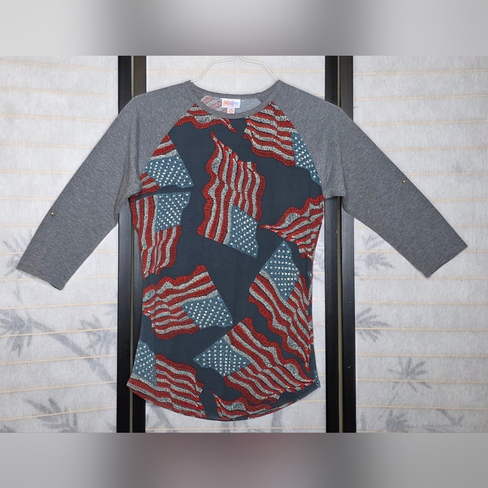 LuLaRoe Women's Long Sleeve Tee - Gray and Red Flag Design